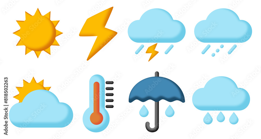 Wall mural 3d illustration of a set of weather forecast icons with sun and lightning with rain clouds and an um