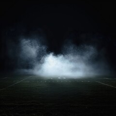 empty football stadium with bright lights shining on the green grass at night, creating a dramatic and immersive atmosphere for a sporting event or other activity.