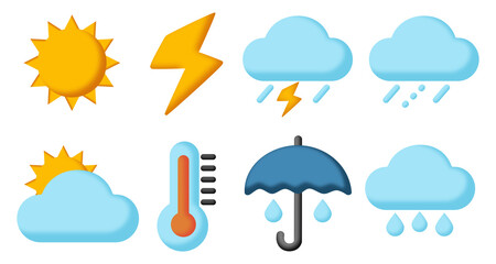 3D illustration of a set of weather forecast icons with sun and lightning with rain clouds and an umbrella with a thermometer.