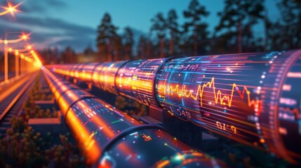 Double exposure of a gas pipeline overlaid with business finance charts and investment data