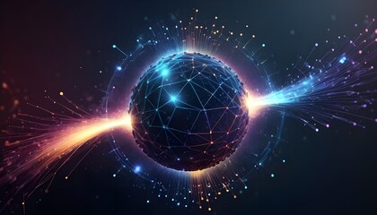 Abstract tech background with digital particles explosion, quantum core and computing network system, artificial intelligence and global data connections