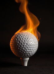 A flaming golf ball in motion, leaving a trail of fire and smoke against a dark background. the floodlights casting a brilliant glow on the pitch, emphasizing the speed and power of its movement