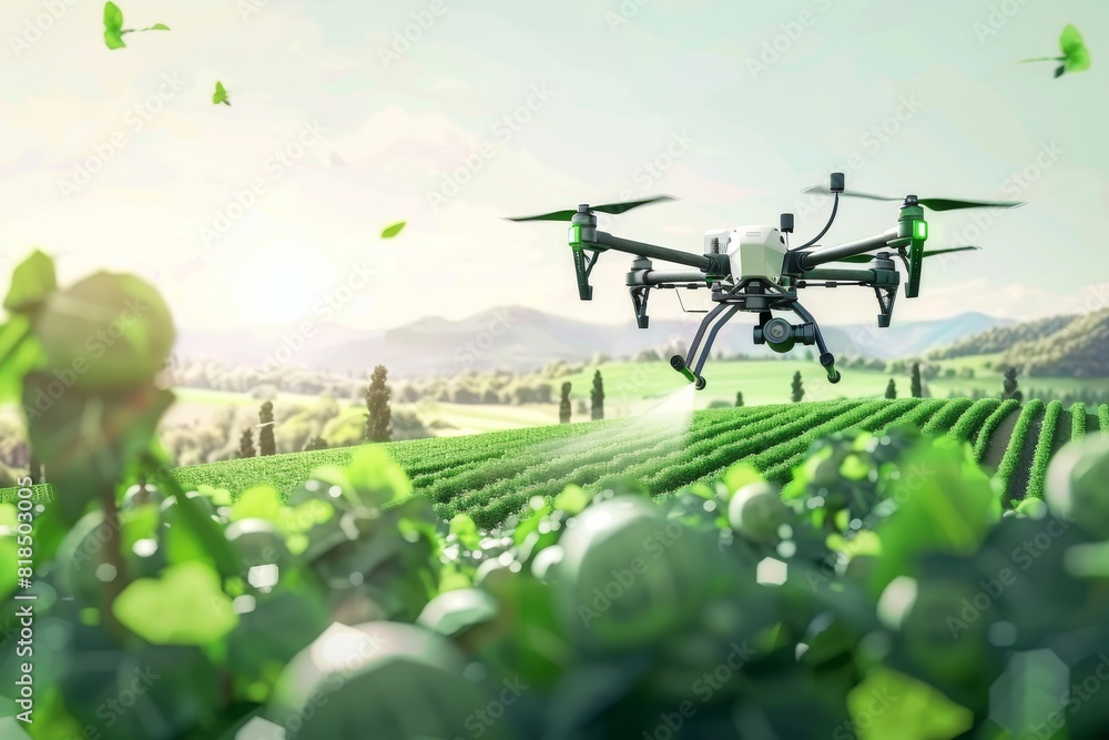 Poster red aerial drones utilizing structured smart farming tech and precision agriculture improve farm eff