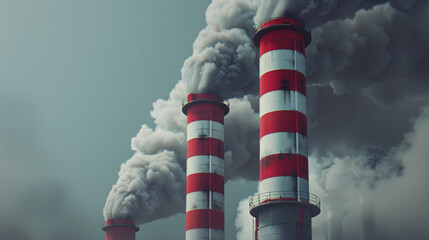 Fototapeta premium An environmental disaster. A view of three tall red and white chimneys, from which a lot of thick and dark smoke comes out