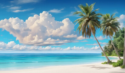 Idyllic Tropical Beach with Palm Trees and Blue Ocean - Ideal for Summer Vacation Backgrounds