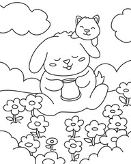 cute bunny in flower garden. coloring book
