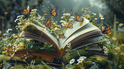 In the grass lay a huge book, open, covered with moss and flowers, on which flew beautiful...