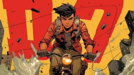 Dynamic comic book illustration with intense action scene featuring a determined character on a motorbike amidst a vibrant and chaotic background