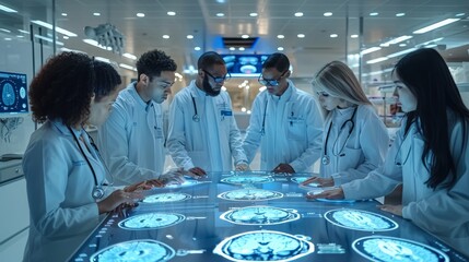 Diverse colleagues gather around an interactive touch screen table with MRI scans of brain on display in a modern hospital medical research center. Generative AI.