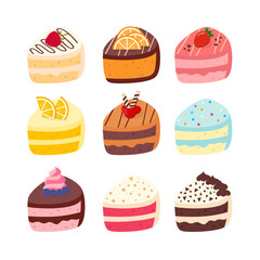 Sweet Cake Pieces Isolated on White Background. Cartoon Tasty Kids Desserts Collection. Vector Illustration of Delicious Cakes Set.