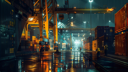 A large industrial area of the seaport with lots of shipping containers and a few strolling people. The scene is dark and rainy,
