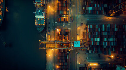 Top view of the seaport operation. A large ship is moored in the port, on which many containers are stacked. At night, the stage is illuminated