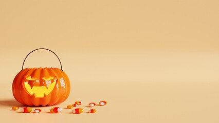 Happy halloween celebration background. Halloween candy bowl decorations. 