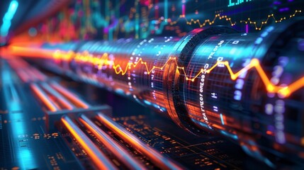 High-quality image of a gas pipeline overlaid with financial growth charts and business finance data