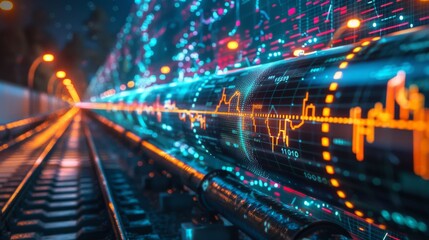High-quality image of a gas pipeline overlaid with stock market trends and business finance data
