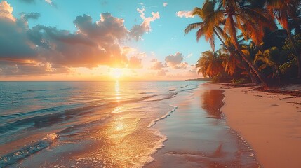 paradise beach with palm trees and calm ocean at dawn or sunset panoramic banner of a peaceful...