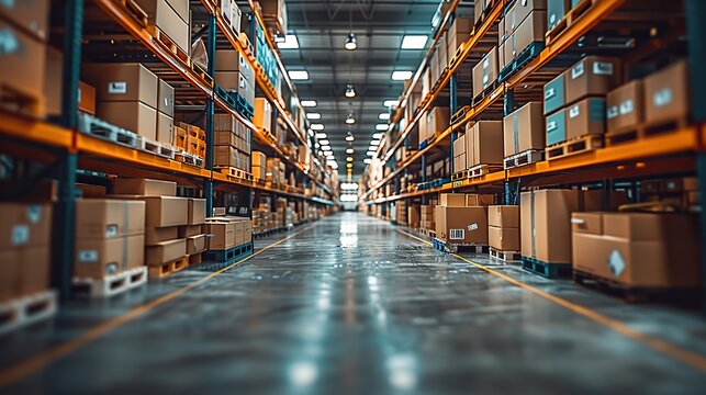 storage of boxes inside a semi automated industrial warehouse stock of merchandise on shelves and racks.illustration,stock photo
