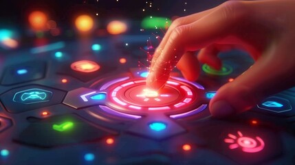 Finger pressing glowing red button on futuristic control panel with colorful lights