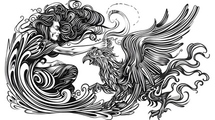 Fototapeta premium Phonix and woman Tattoo Design with Tribal and Floral Elements
