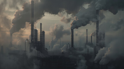 The environmental situation is appalling. A dull, polluted urban landscape with lots of smoke rising from factories