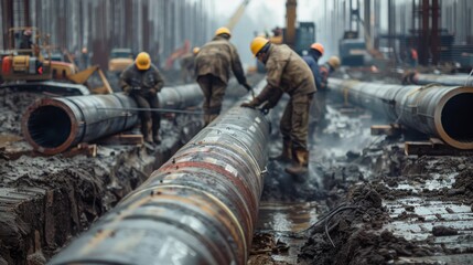 Oil pipeline construction site with workers welding pipes and heavy machinery in the background