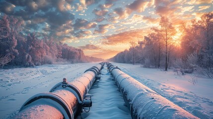 Oil pipeline infrastructure in a snowy landscape, with frost-covered pipes and a winter sky