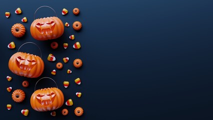 Happy halloween celebration background. Carved pumpkin and halloween candy 3d illustration