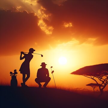 a silhouette of a couple playing golf with a sun behind them