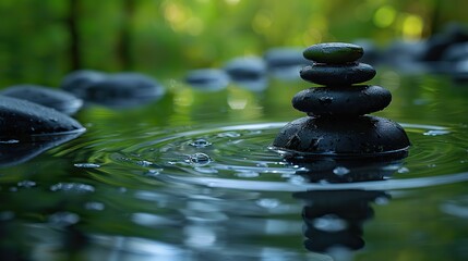 zen stones and water in a peaceful green garden relaxation time wellness and harmony massage and bodycare spa and wellness concept.stock immage