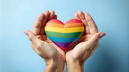 Womans hands hold heart in the colors of rainbow on light blue background. LGBT concept, Pride month. Top view, copy space