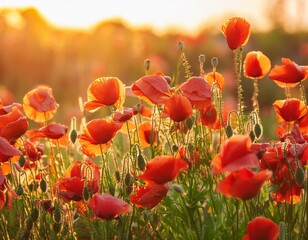 Obraz premium Beautiful field of red poppies in the sunset light.