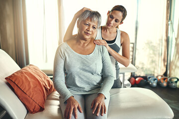 Physiotherapy, old woman and neck recovery or rehabilitation pain, consultation or muscle. Client,...