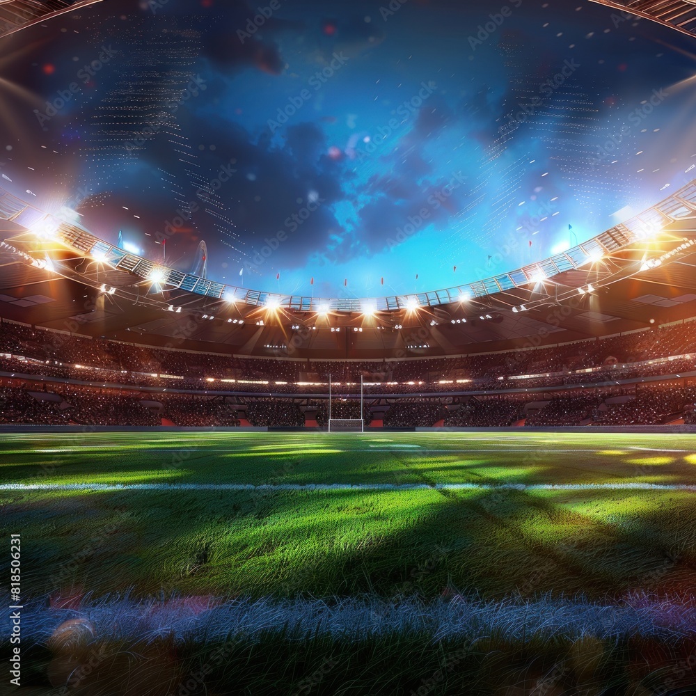 Wall mural empty football stadium with bright lights shining on the green grass at night, creating a dramatic and immersive atmosphere for a sporting event or other activity.