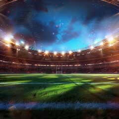 empty football stadium with bright lights shining on the green grass at night, creating a dramatic and immersive atmosphere for a sporting event or other activity.