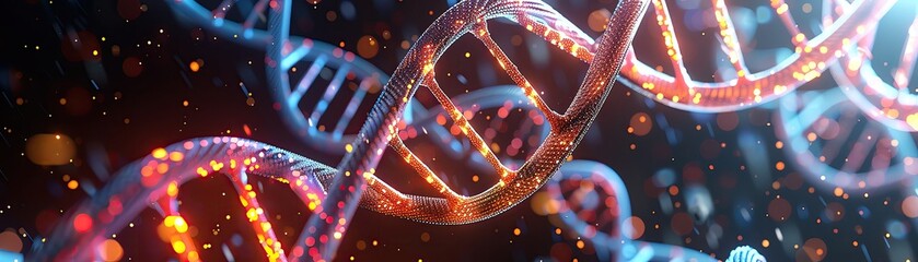 An artistic rendering of a DNA double helix, showcasing its intricate structure with vibrant colors and a futuristic background