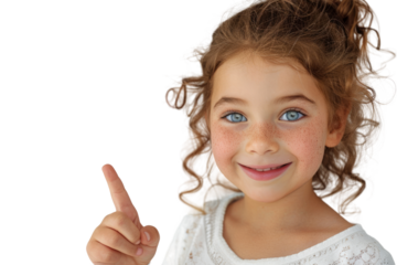 A beautiful girl with a smile points to the blank space next to her