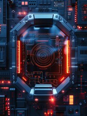 Fototapeta premium A biometric scanner illustrating secure access control, hightech background, top view, emphasizing trust in advanced security measures, cybernetic tone, complementary color scheme