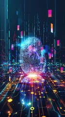 A digital fingerprint illustrating biometric security, hightech background, front view, emphasizing personal data protection, technological tone, vivid color scheme