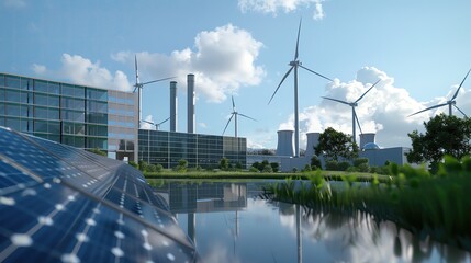 A clean energy power plant integrated with a financial institution, showcasing solar panels, wind turbines, and sustainable infrastructure