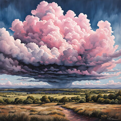 Illustration of a rocky landscape with a huge pink mass of clouds that looks like a nuclear mushroom.