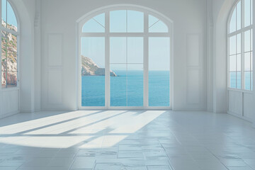 Modern buildings by the sea.Outside the window is a view of the ocean