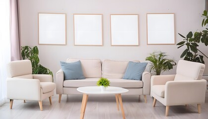 Clean and tidy living room with canvas and sunlit room as interior background