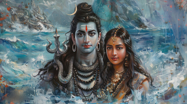 Lord Shiva and parvathy oil painting and abstract style