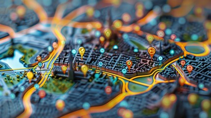 Fototapeta premium A digital map of Paris with colorful dots representing strong and medium signal strength, alongside icons indicating the location of fast studios. Generative AI.