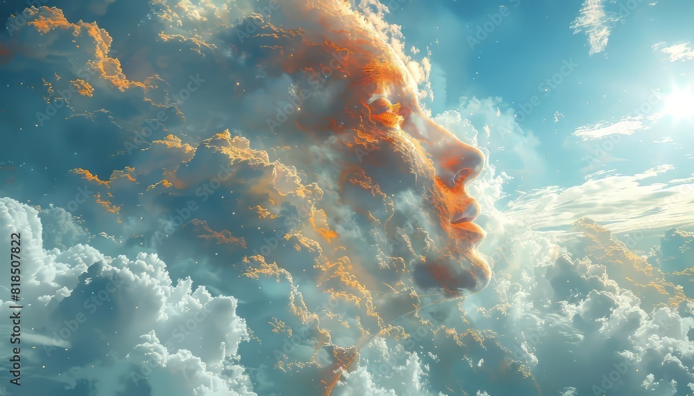 Poster abstract digital art of a human face integrated into clouds in the sky, creating a surreal and dream
