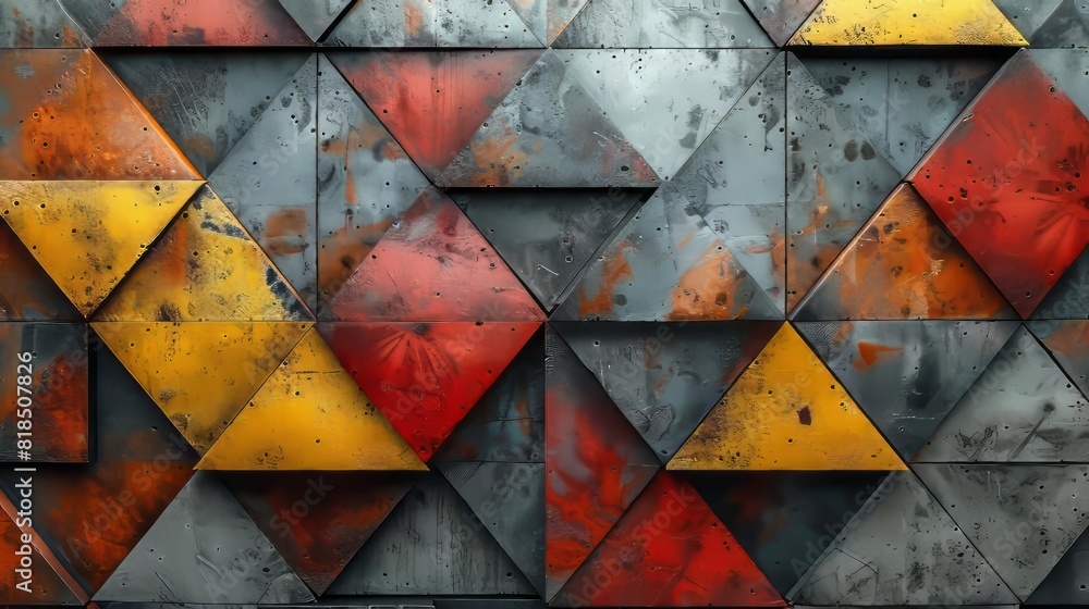 Poster abstract geometric pattern with rusty metal triangular panels in red, yellow, and gray creating a mo