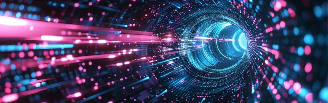 Abstract futuristic technology background with lines network high speed data transfer, big data, data center, server, internet, speed. dark blue and pink neon lights into digital technology tunnel