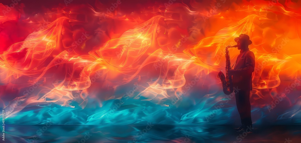 Poster silhouette of a saxophonist against a vibrant background of swirling red and blue lights, creating a