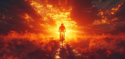 Fototapeta premium Silhouette of a person walking towards a vibrant, fiery sunset sky with dramatic clouds and reflections, evoking a sense of awe and adventure.