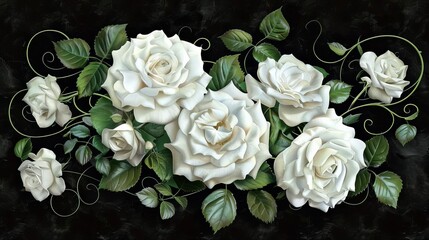 delicate white roses intertwined with curly ivy vines elegant floral arrangement on black background digital painting